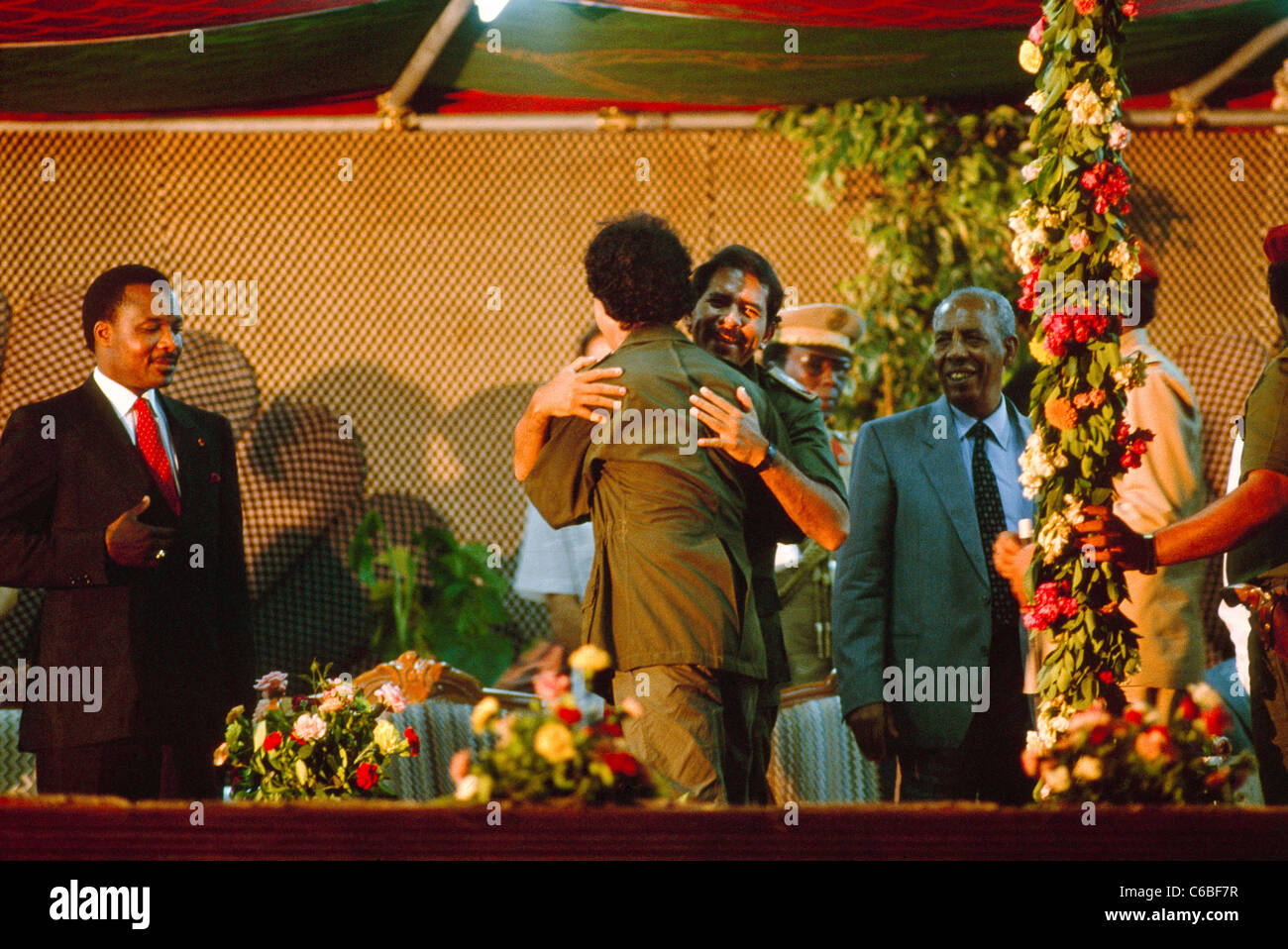 Libyan President Gaddhafi and Daniel Ortega of Nicaragua at celebrations in Tripoli marking Gaddafi's 20 years in power. Stock Photo