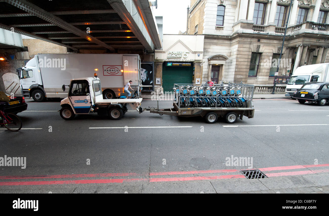 Barclays Cycle Hire Scheme bikes being transported through London Stock Photo