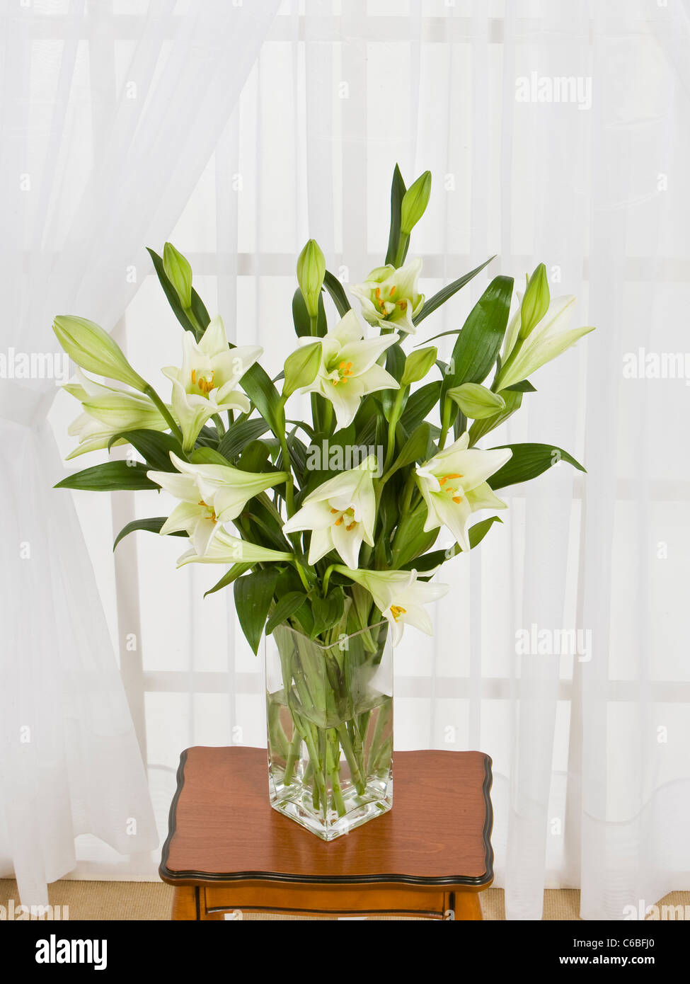 Bouquet of white lilies in a vase on a table Stock Photo