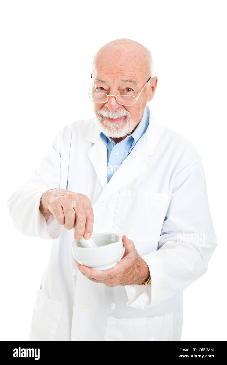 Classic pharmacist with a mortar and pestle, isolated on white