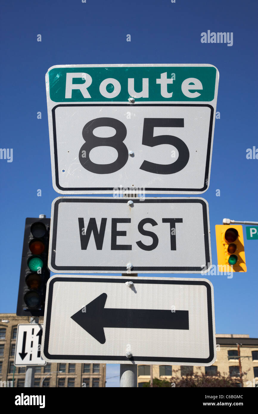 route 85 west arrow direction sign in downtown winnipeg manitoba canada