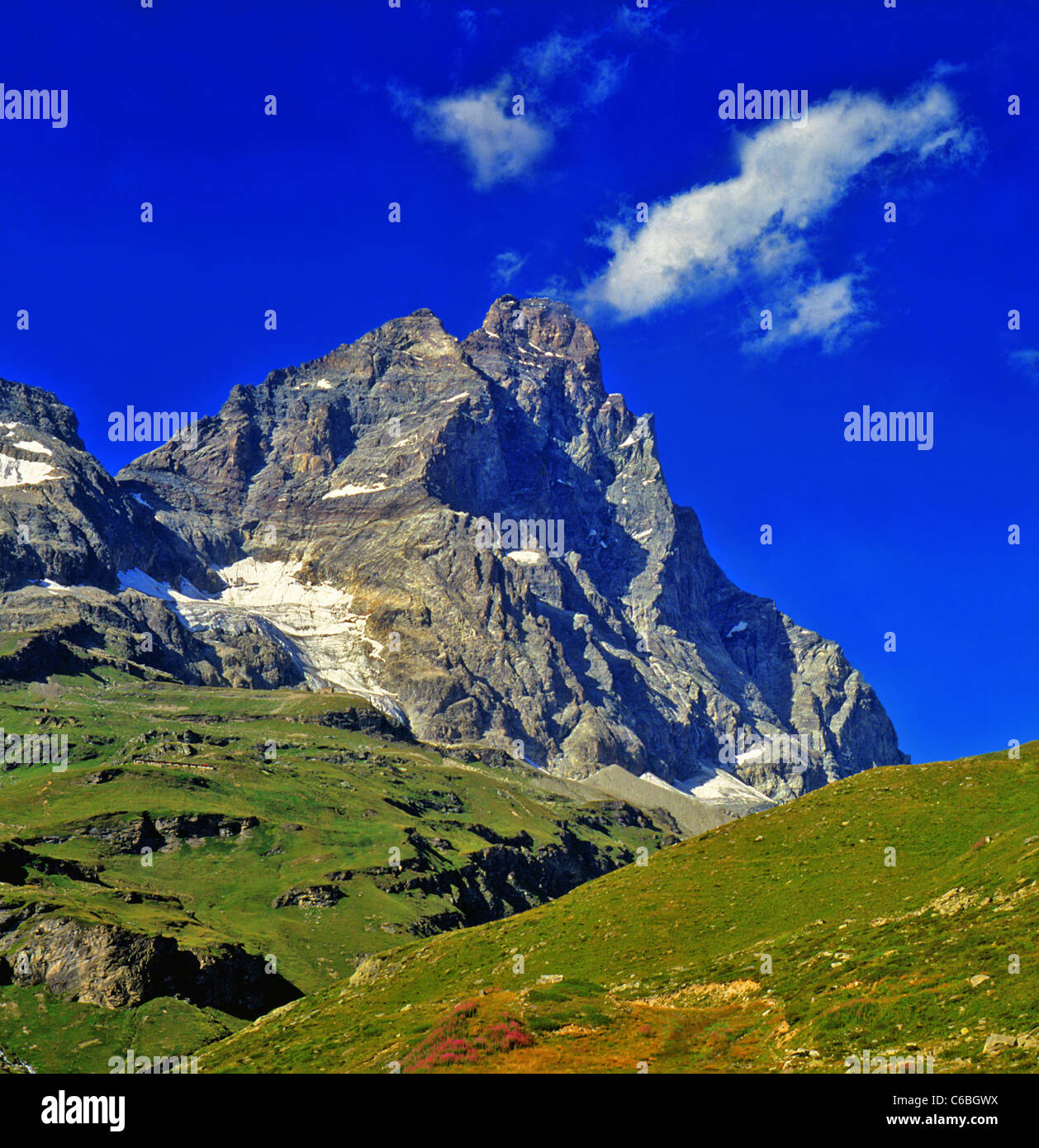 Matterhorn (in Italian, Monte Cervino; in French, Mont Cervin),seen from Cervinia. Stock Photo