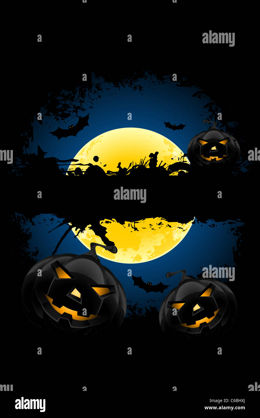 Grungy Halloween background with pumpkins bats and full moon Stock ...