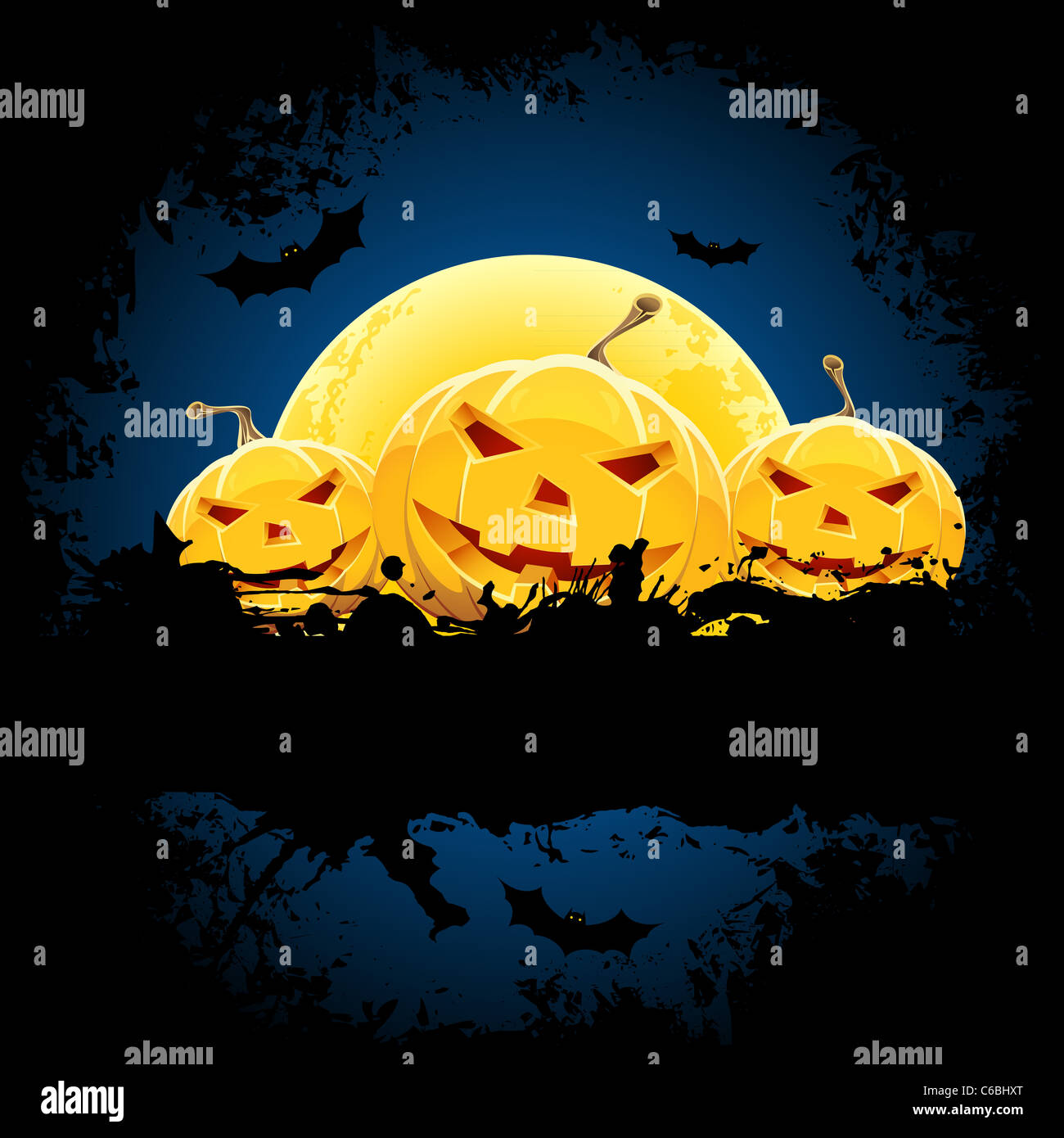 Grungy Halloween background with pumpkins bats and full moon Stock ...