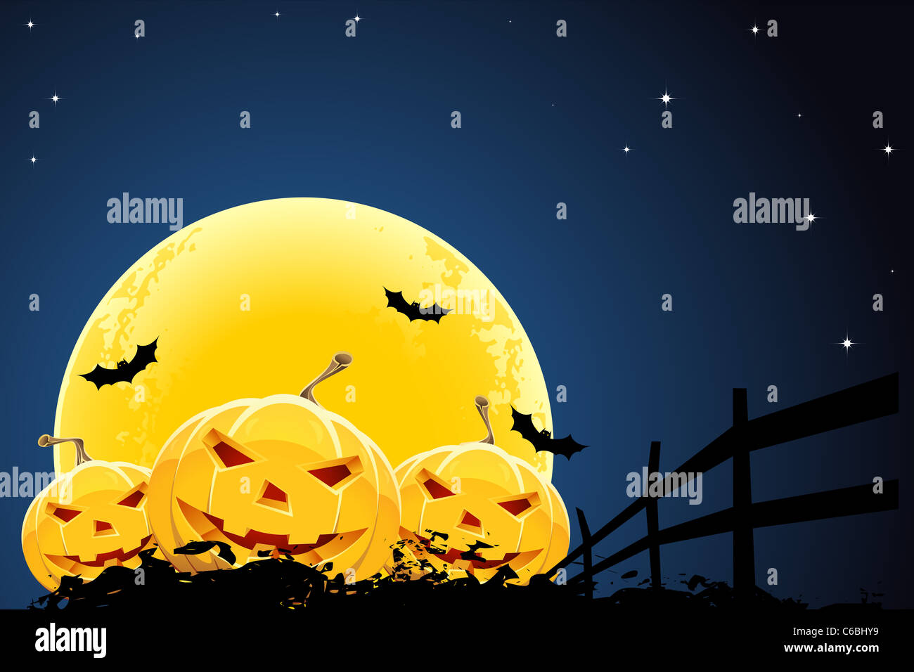 Grungy Halloween background with pumpkins bats and full moon Stock ...