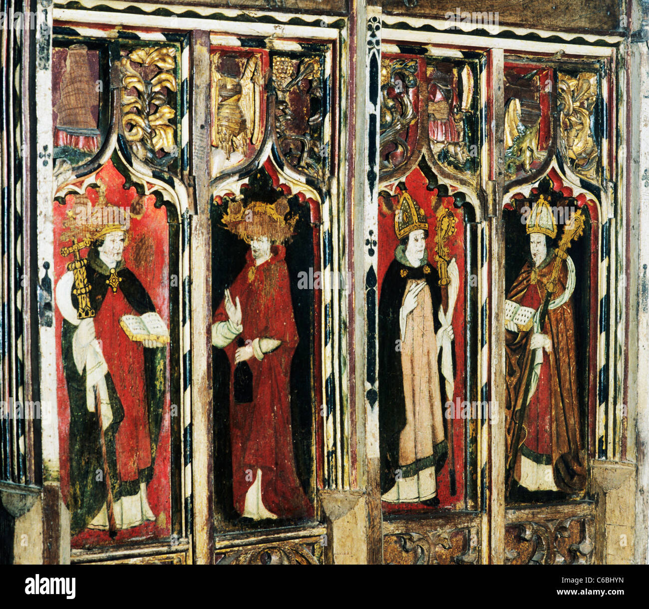 Morston, Norfolk. Rood screen, St. Gregory, St. Jerome, St. Ambrose, St. Augustine Four Latin Doctors of The Church English Stock Photo