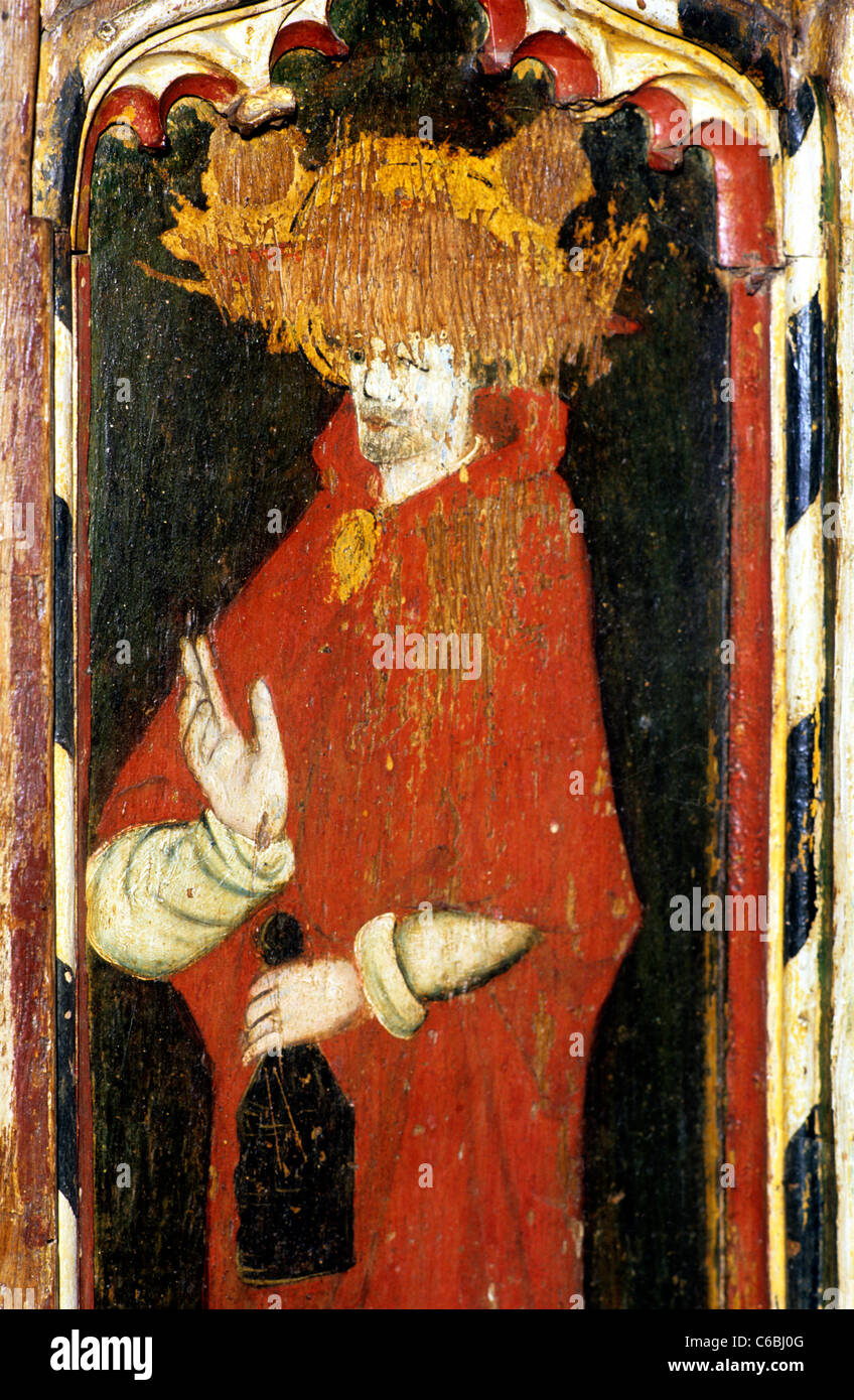 Latin Rood Screen Morston, Norfolk. Rood screen, St. Jerome, wearing red hat, obliterated ...