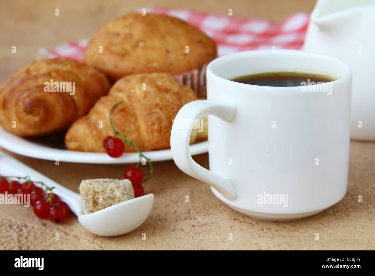 breakfast with fresh coffee, fresh croissants and fruits Stock Photo ...