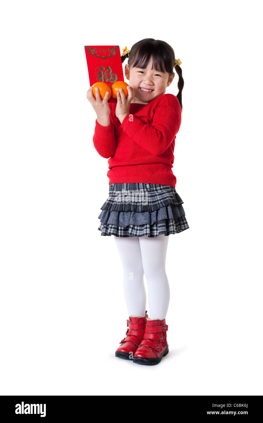 Chinese girl holding red envelope Stock Photo