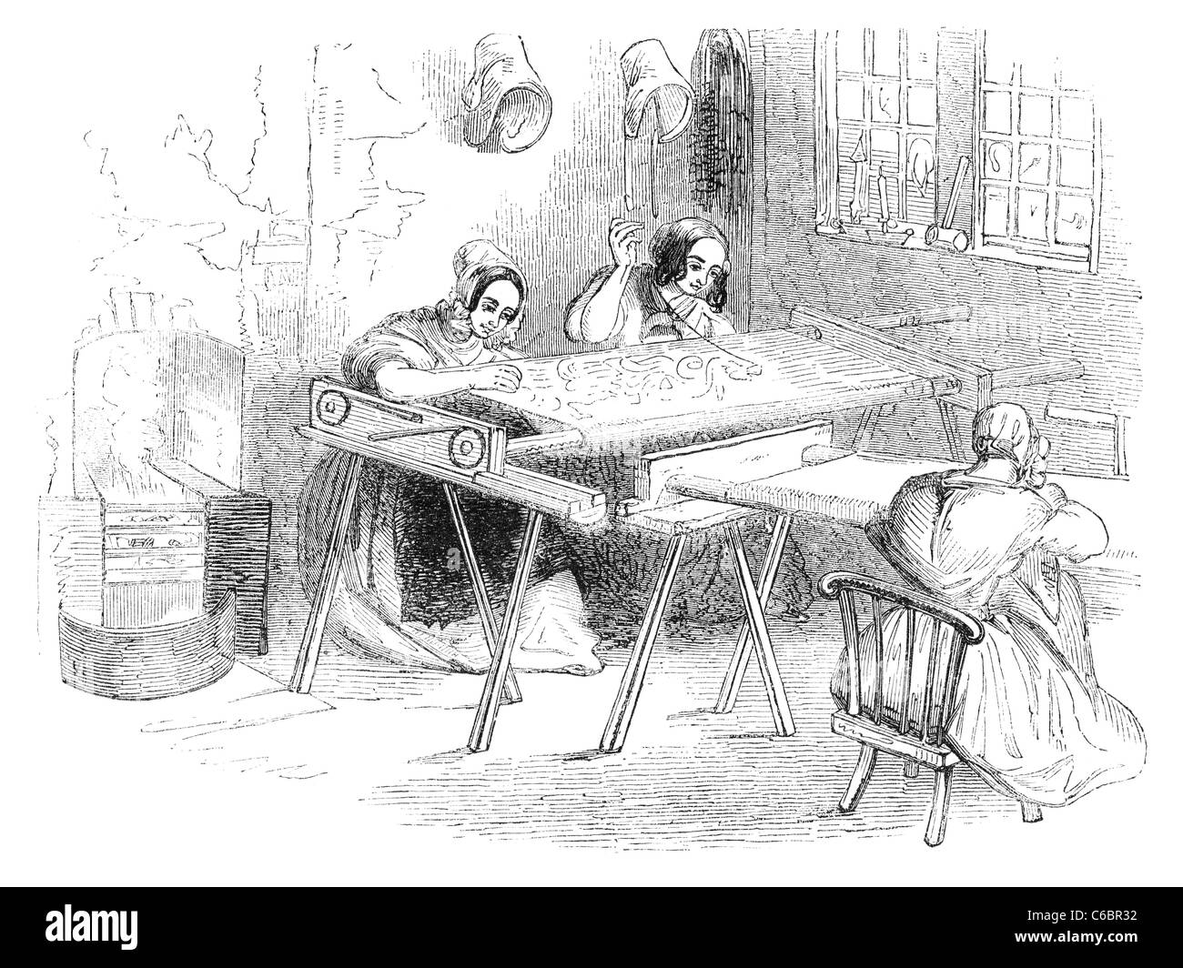 A Day at the Nottingham Lace-manufactoriers: Lace-runners or Embroiders at Work. Stock Photo