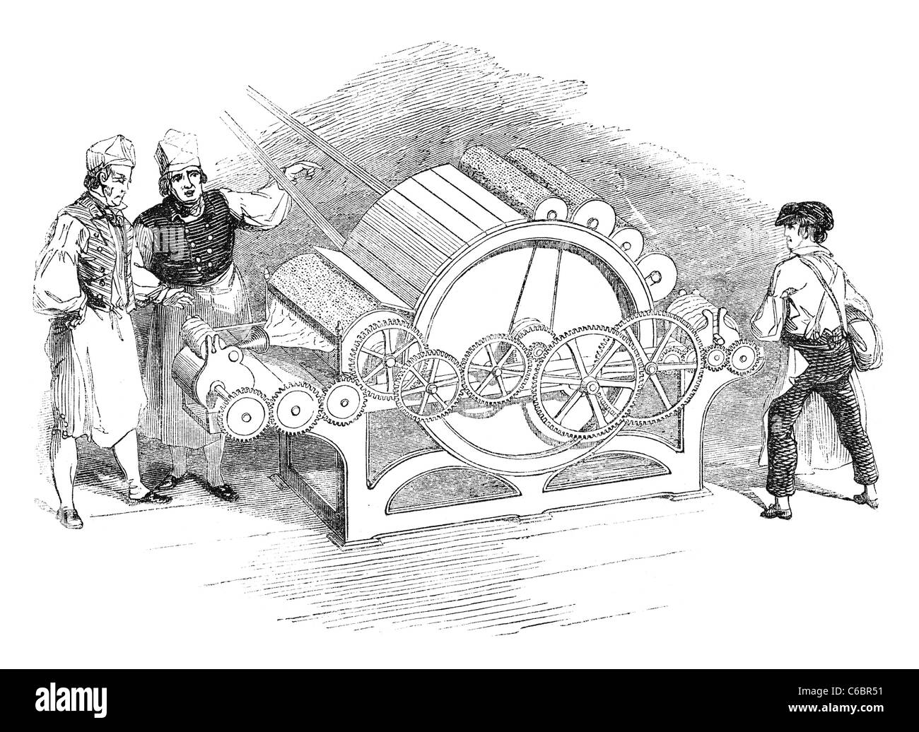 A Day at a Cotton Factory in Manchester: Carding-engine and factory operatives. Stock Photo