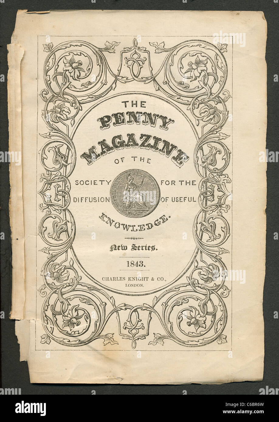 Title page of english 'The Penny Magazine of the society for the diffusion of useful knowledge' bound copy printed in 1843. Stock Photo