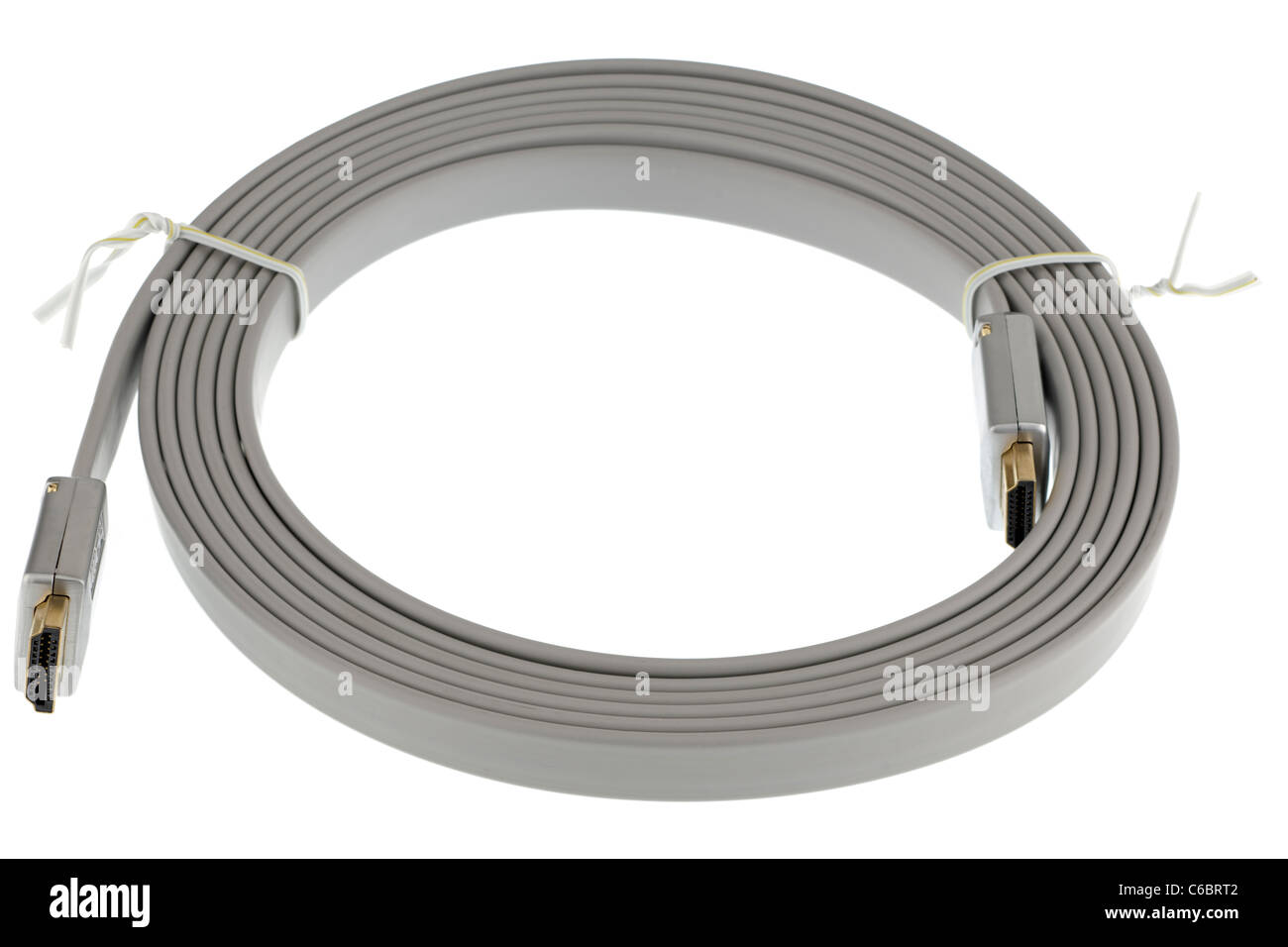 Two metre grey coiled flat hdmi to hdmi digital cable Stock Photo