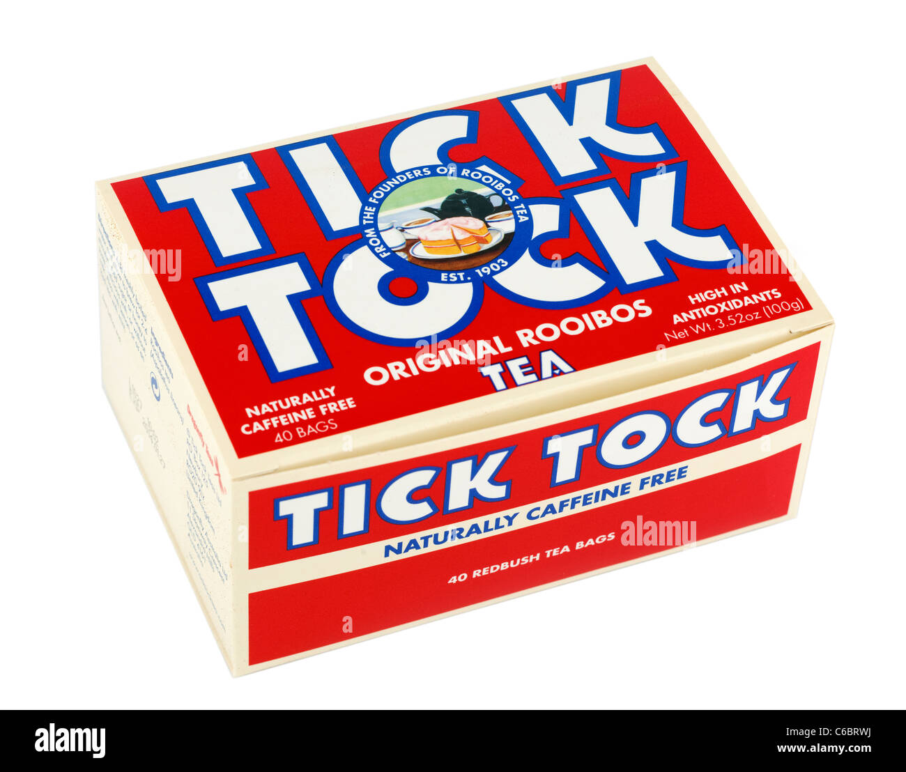 40 naturally caffeine free Redbush Tick Tock teabags. Stock Photo