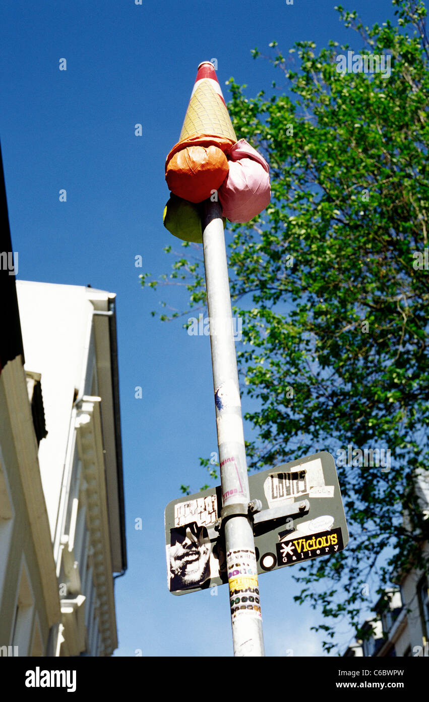 Someone's practical joke with a traffic signpost in Sankt Pauli district of Hamburg. Stock Photo