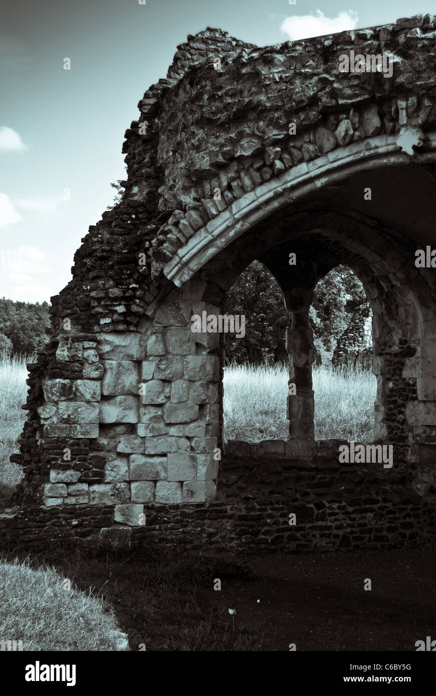 A complete window from the remaining southern block of Waverley Abbey Stock Photo