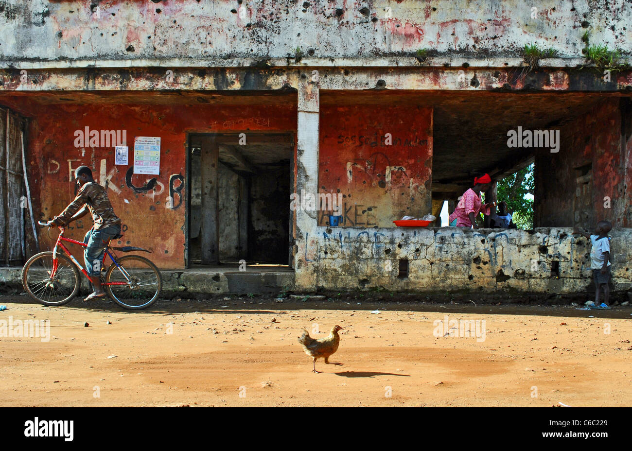 Bullet holes in a house in Zorzor, Liberia Stock Photo