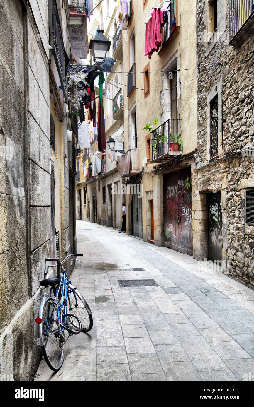 Narrow street at Barcelona Barri Gotic (Gothic Quarter), Spain Stock Photo