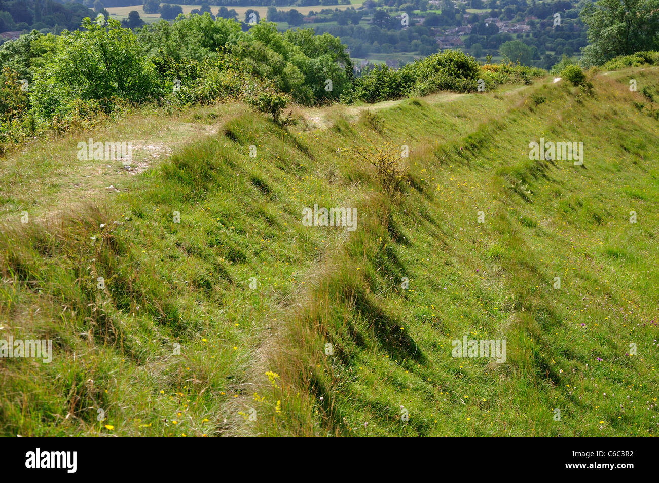 A view of Hod Hill, an iron age hill fort showing parts of the ramparts UK Stock Photo