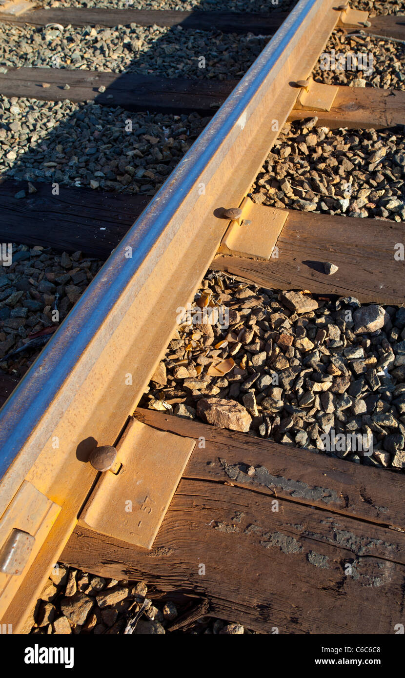 Wooden railroad sleepers , rails nailed to them with iron spikes , Finland Stock Photo