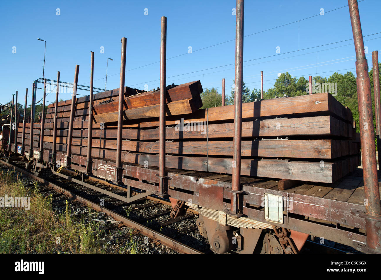 Trainload of brand new wooden railroad ties , Finland Stock Photo