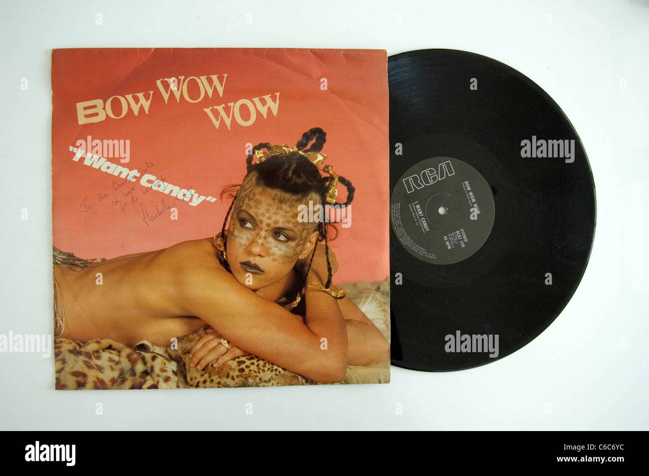 Bow Wow Wow 'I want candy' 12 inch single with Annabella Lwin on the cover. Signed by Annabella. Stock Photo