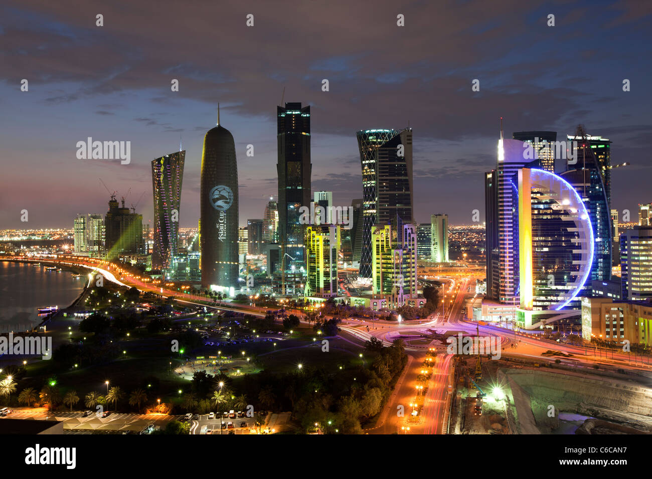 Qatar, Middle East, Arabian Peninsula, Doha, new skyline of the West Bay central financial district of Doha Stock Photo