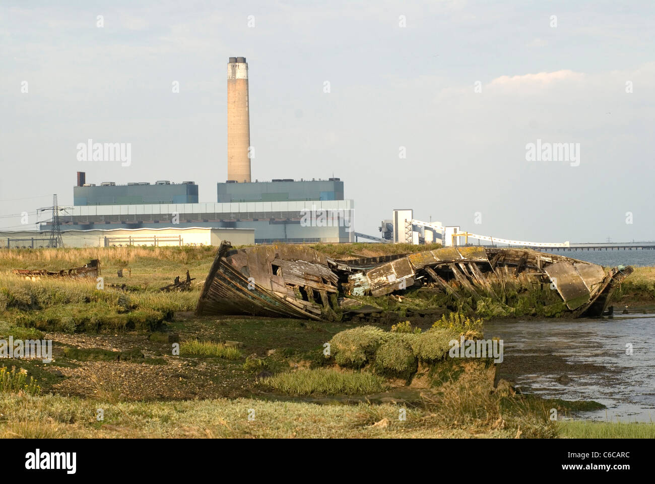 River Medway estuary Kingsnorth Power station Kent UK. Abandoned old