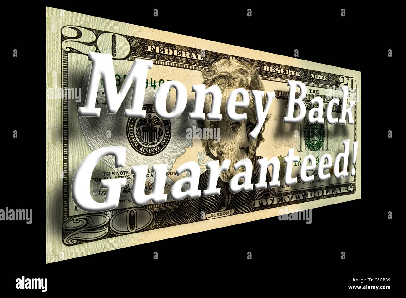 Money Back Guaranteed concept on a twenty dollar bill isolated on black Stock Photo