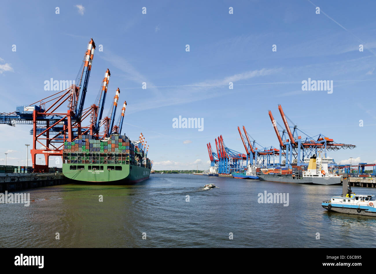 Container ship at the Eurokai Container Terminal, Hamburg, access ramps, loading of overseas shipping containers Stock Photo