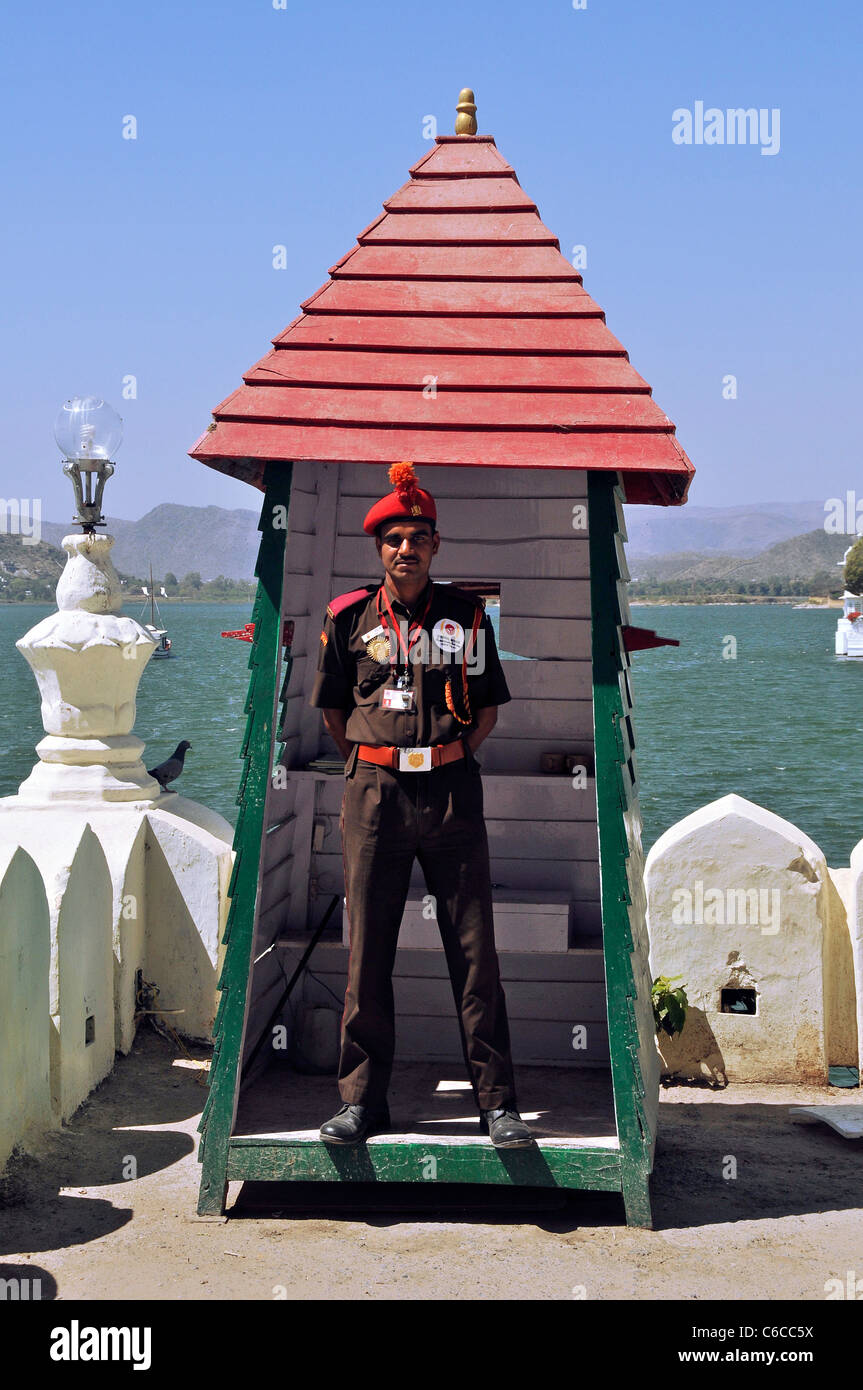 Sentry in sentry box City Palace Udaipur Rajasthan India Stock Photo