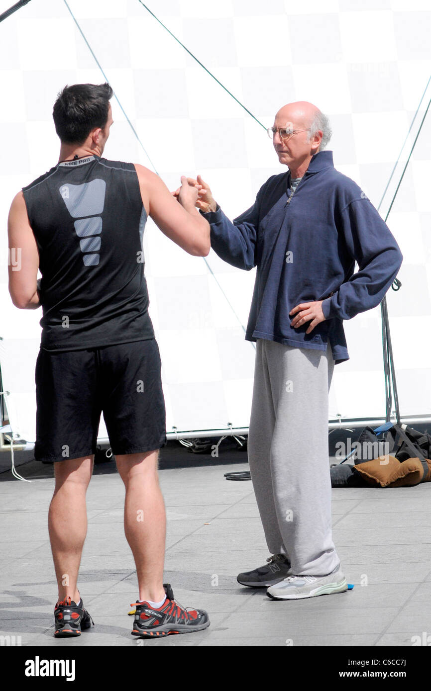 cheyenne jackson and larry david filming a scene for hbos curb your C6CC7J