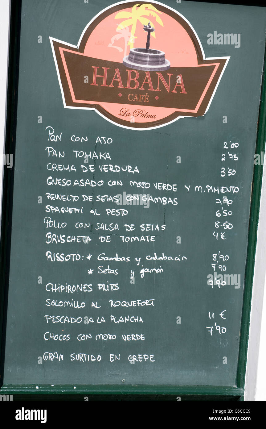 Blackboard menu in Spanish language habana cafe Santa Cruz  La Palma Canary island Stock Photo