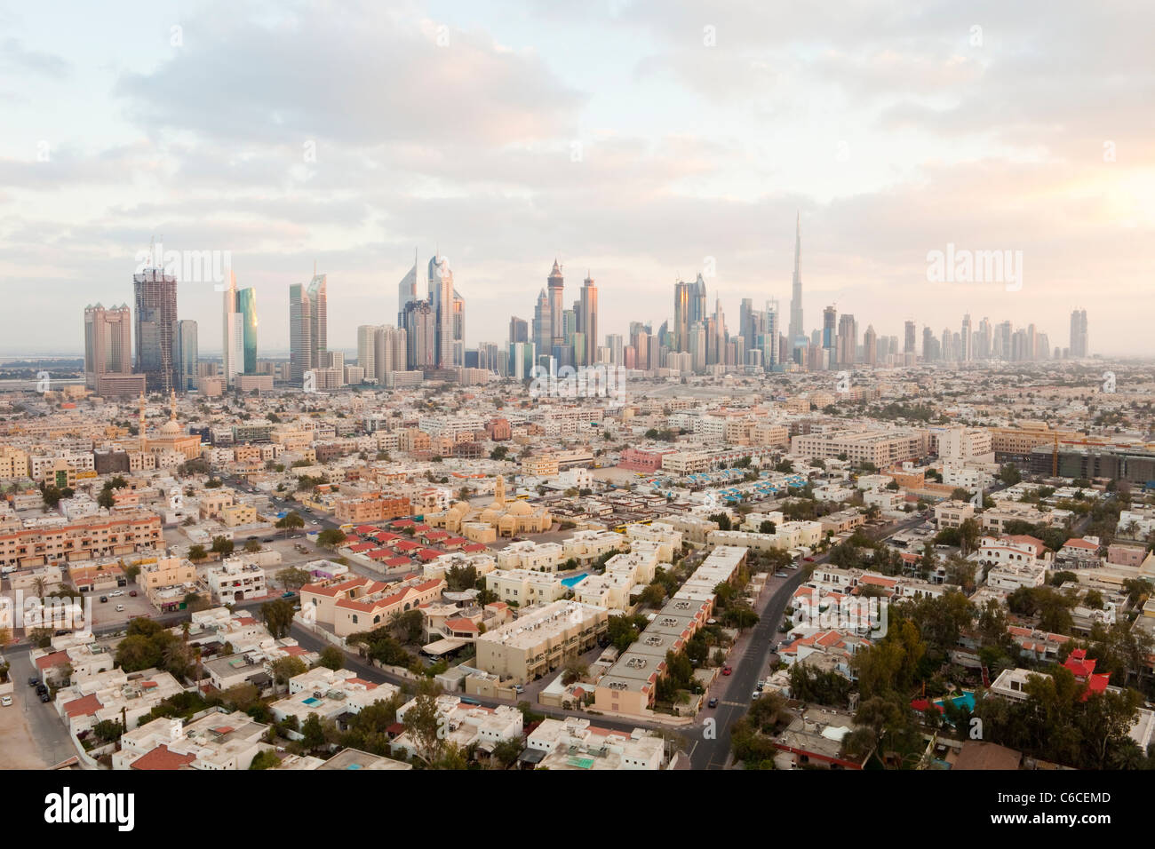 Elevated view of the new Dubai skyline including the Burj Khalifa on Sheikh Zayed Road, Dubai Stock Photo