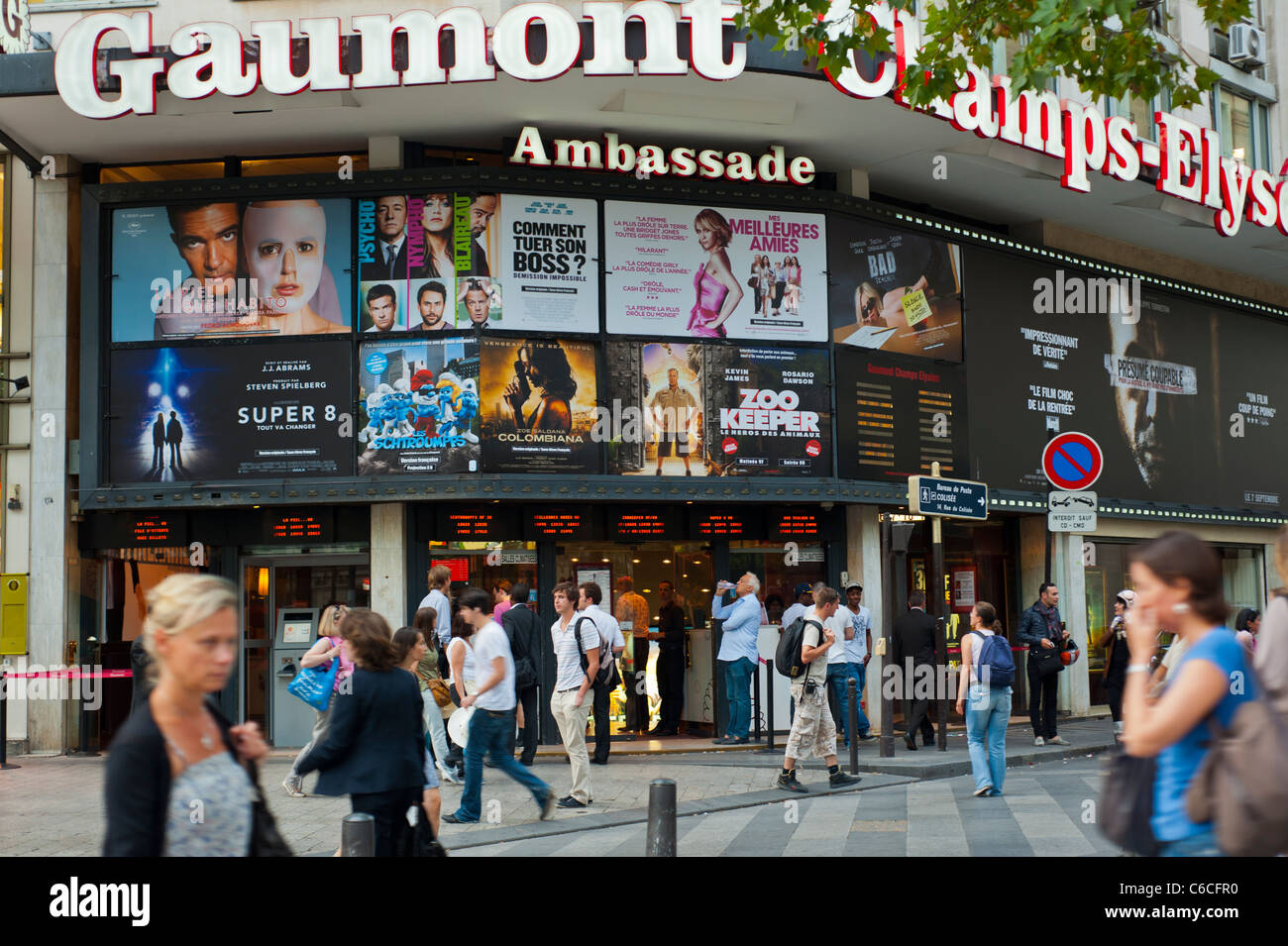 Paris, France, Front French Cinema Theatre, cinema posters, Crowd people walking on the champs elysees, billboards, sign, Standing Outside Cinema Stock Photo