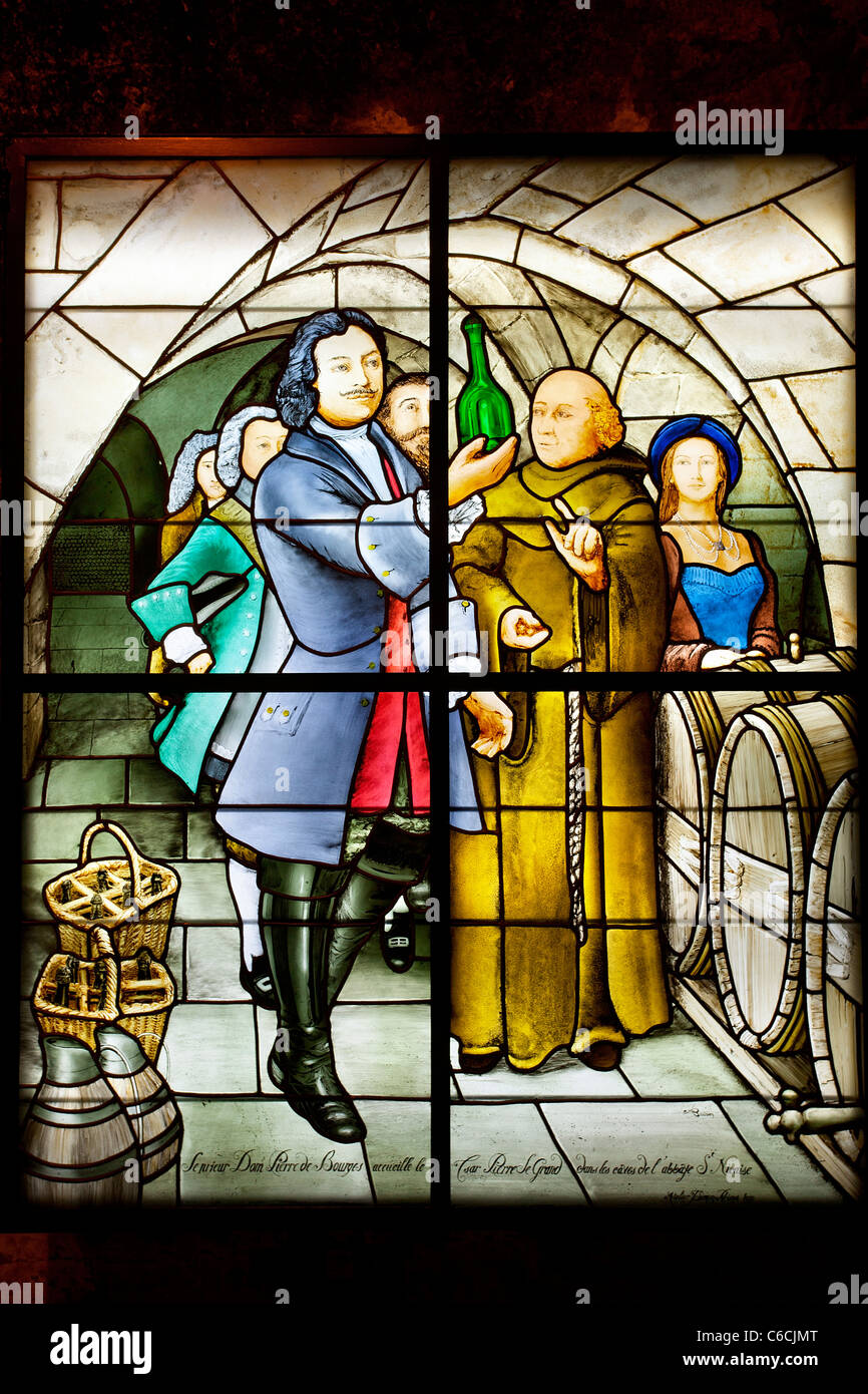 Stained Glass in Taittinger champagne cellar, France Stock Photo