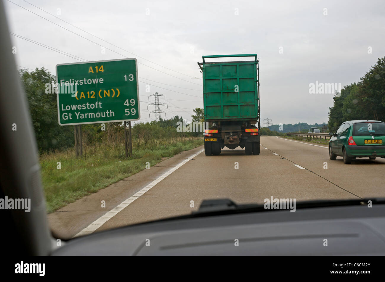 Driving east towards Felixstowe on the A14 trunk road, Ipswich, Suffolk, UK. Stock Photo