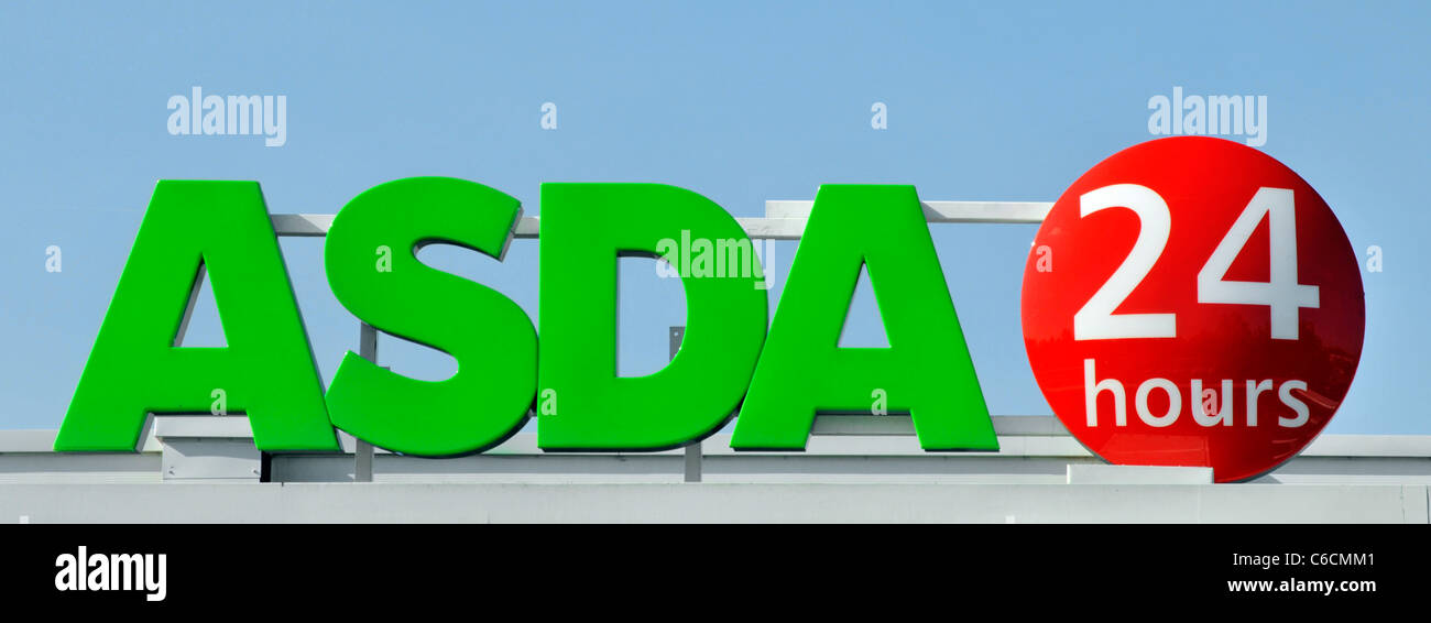 Asda supermarket business 24 hour opening sign for lifestyle convenience store shopping all day long London England UK Stock Photo