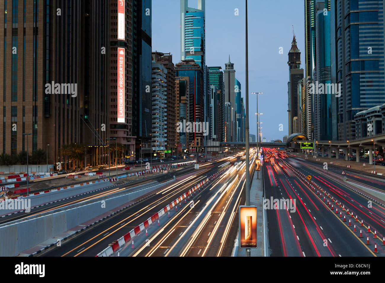 United Arab Emirates, Dubai, Sheikh Zayed Road, traffic and new high rise buildings along Dubai's main road Stock Photo