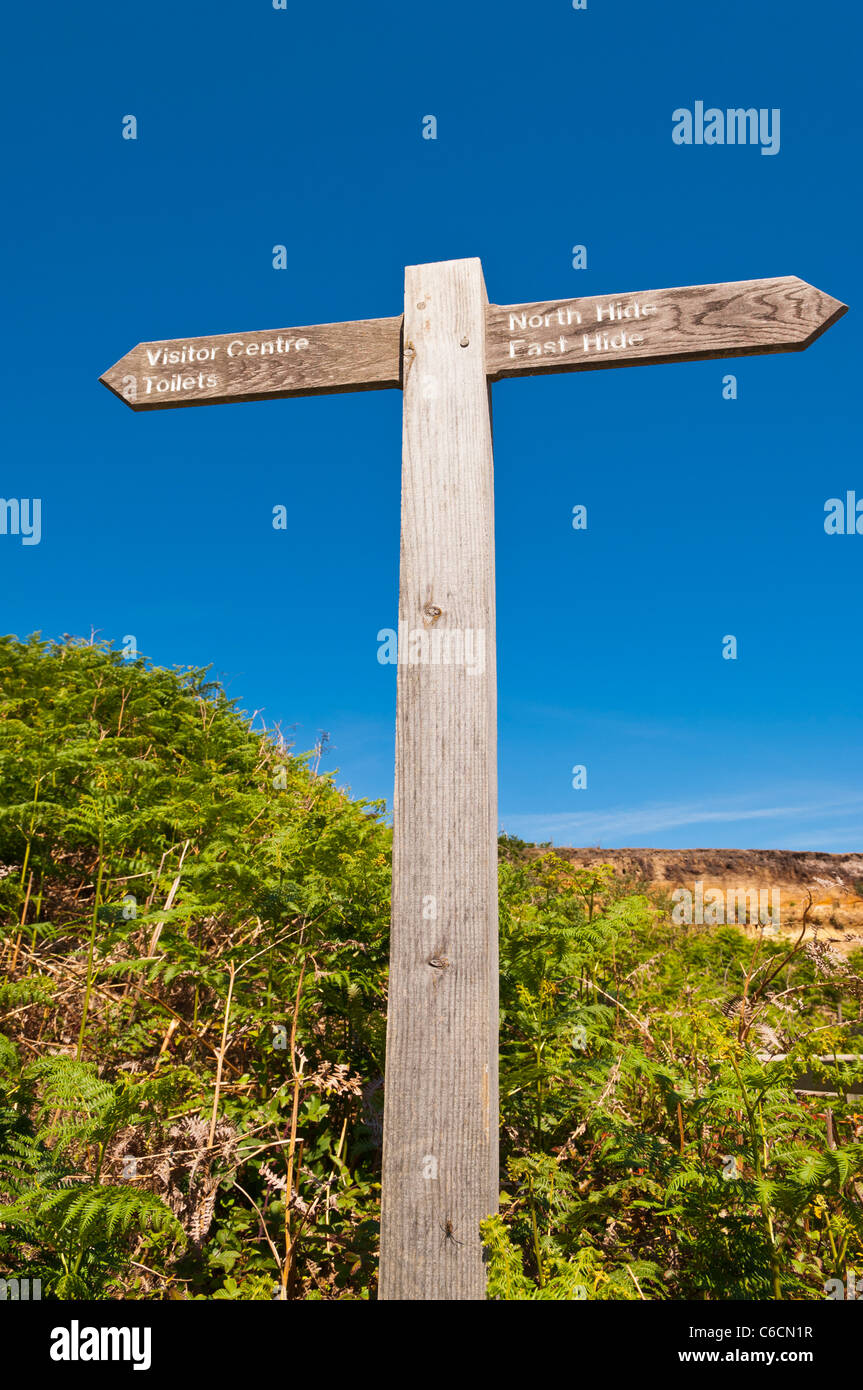 A sign pointing towards the hides at Minsmere bird reserve , Suffolk , England , Britain , Uk Stock Photo