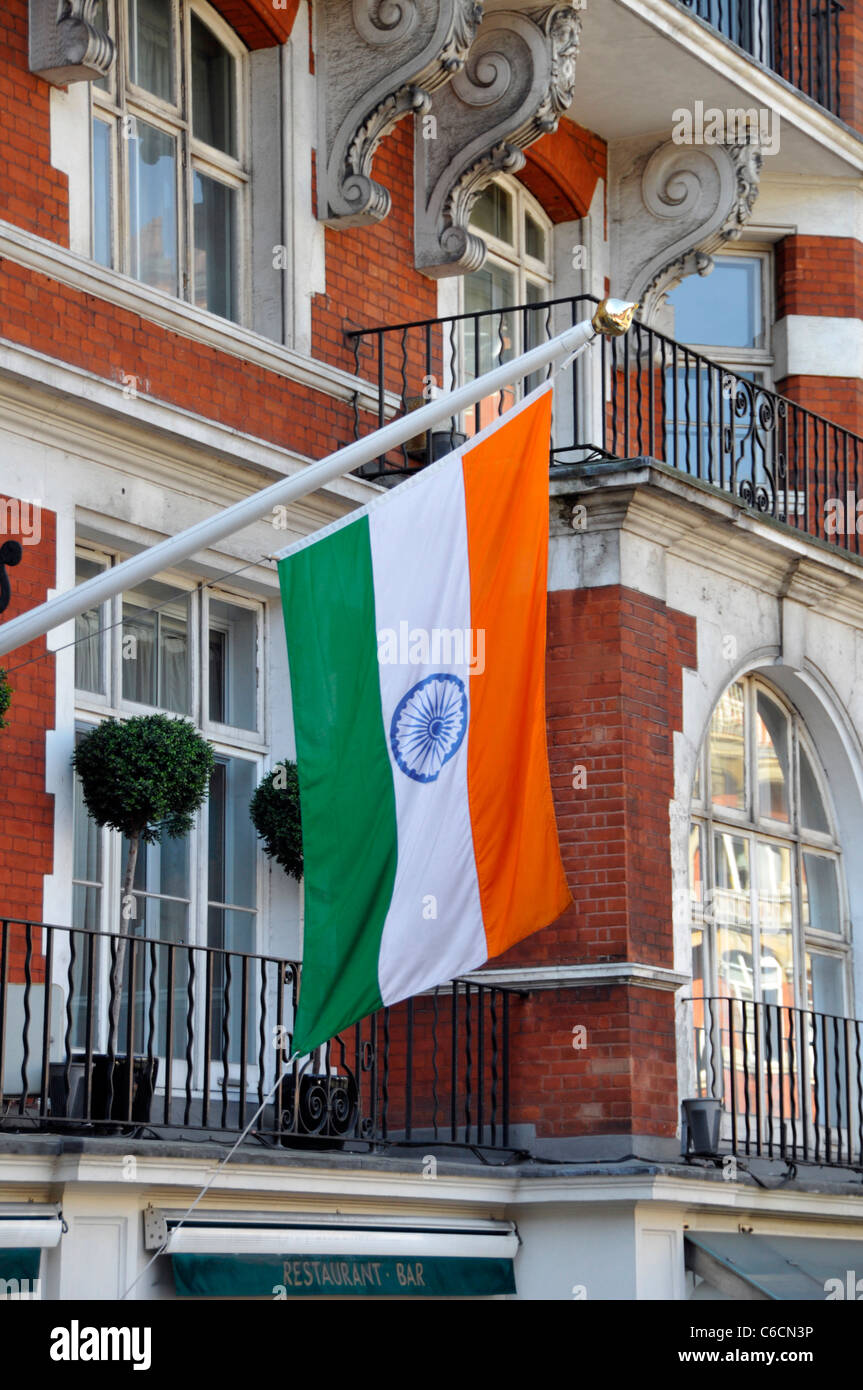 Close up of National flag of India outside a London Hotel Victoria London England UK Stock Photo