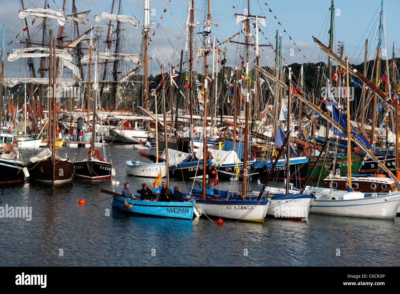 Meeting of traditional wooden boats, boats anchored in the Rosmeur harbor, Douarnenez  (Finistère, Brittany, France). Stock Photo