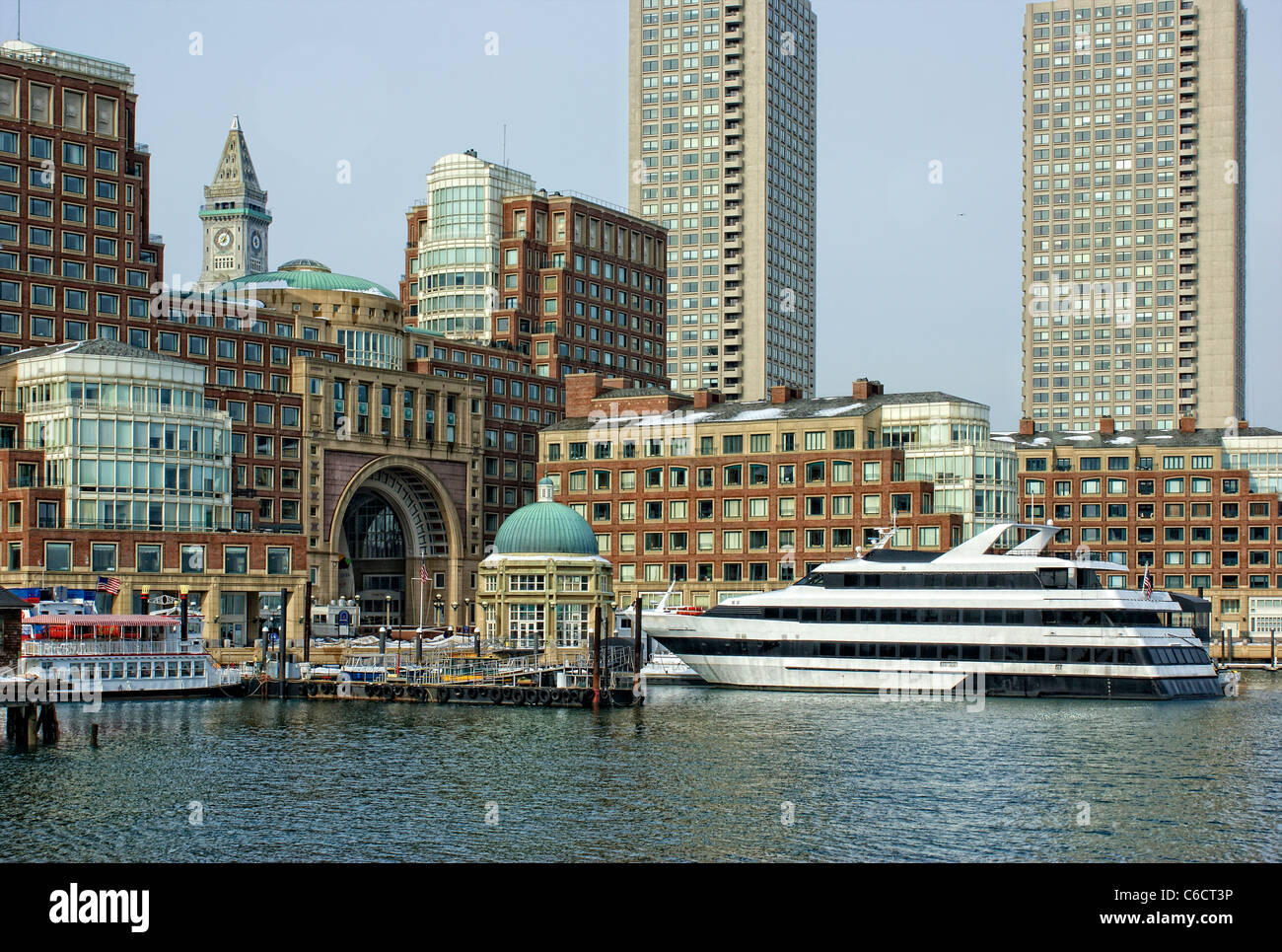 View of the arched entrance to Historic Rowe's Wharf from inside the