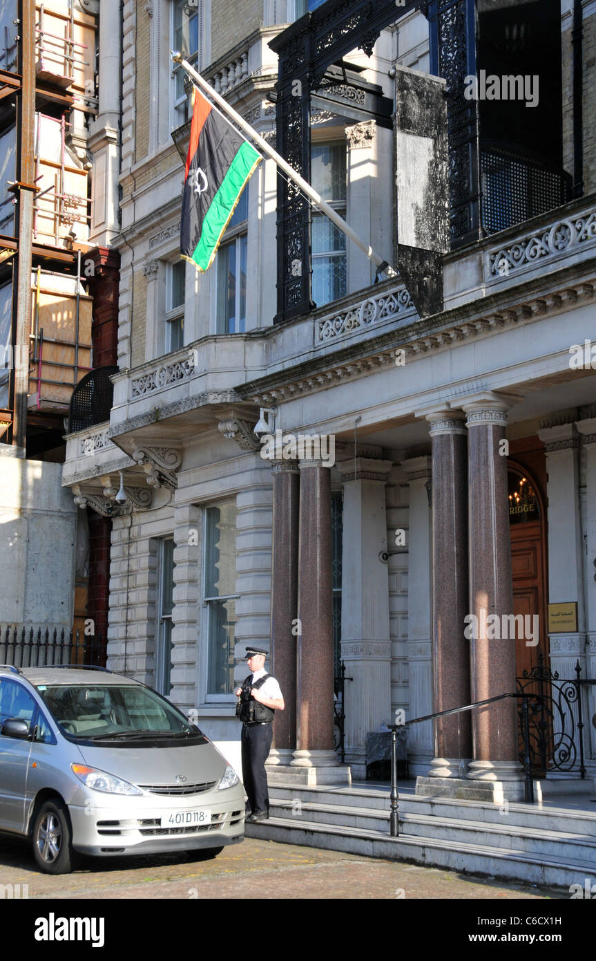 Libyan Embassy London Rebel flag flying anti Gaddafi Stock Photo