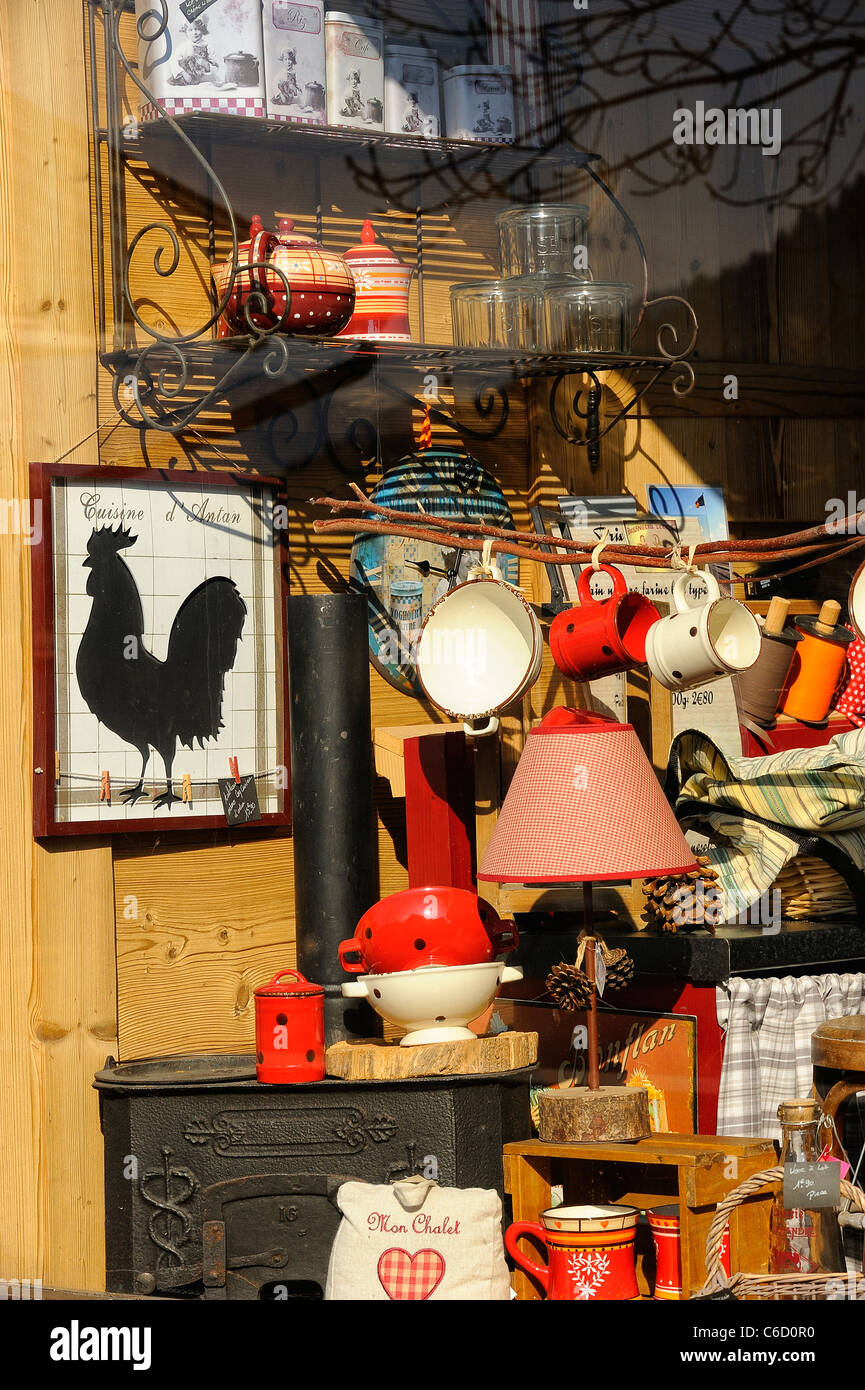 Cookware on sale in a store in the village of Hauteluce in Beaufortain region in the French Alps, Savoie, Europe Stock Photo