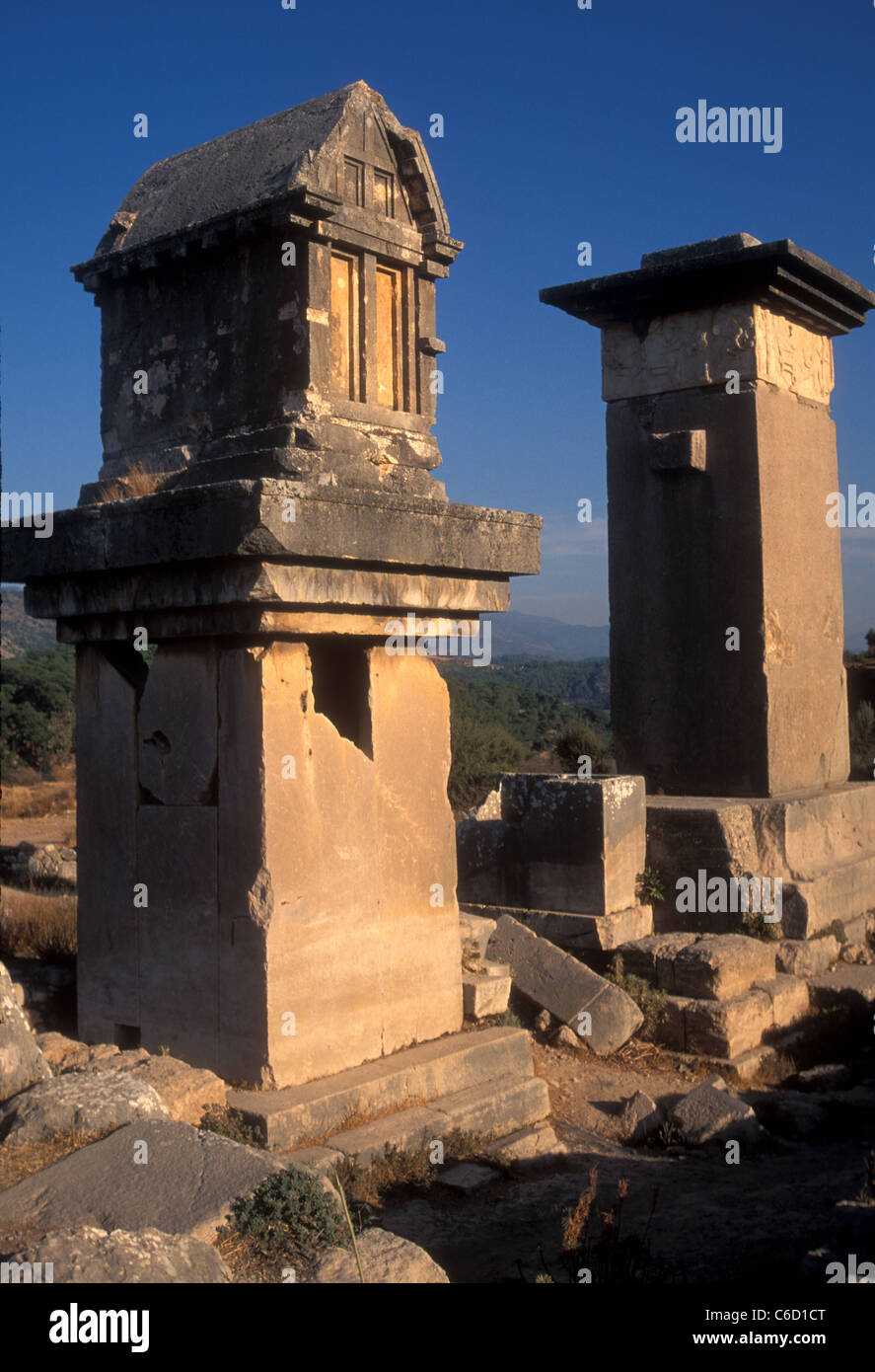 Lycian sarcophagus and PillarTomb at Xanthos in Turkey Stock Photo