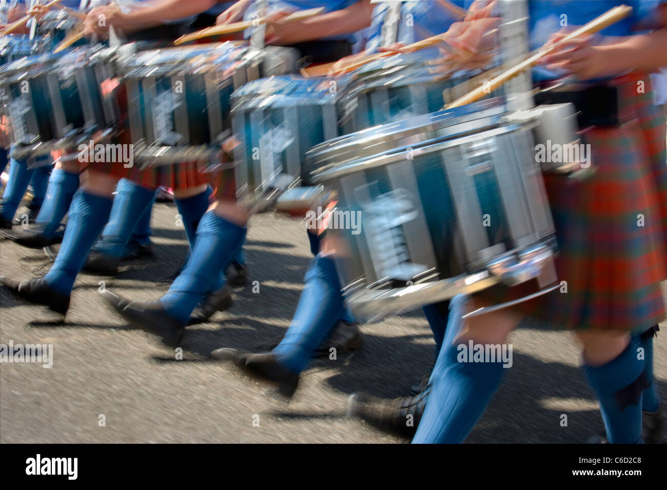 Scottish Highland marching band performing at Pacific Northwest Scottish Highland Games and Clan Gathering, Enumclaw, Washington Stock Photo