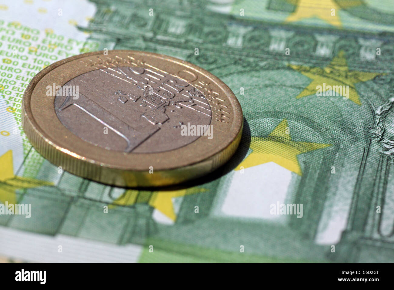 one euro lying one one hundred euro banknote Stock Photo