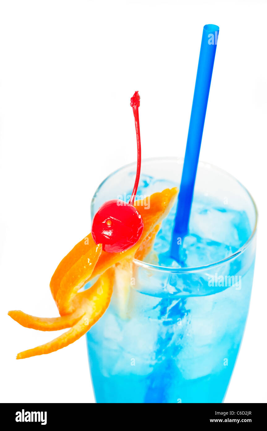blue long drink cocktail with orange and cherry garnish and blue straw ...