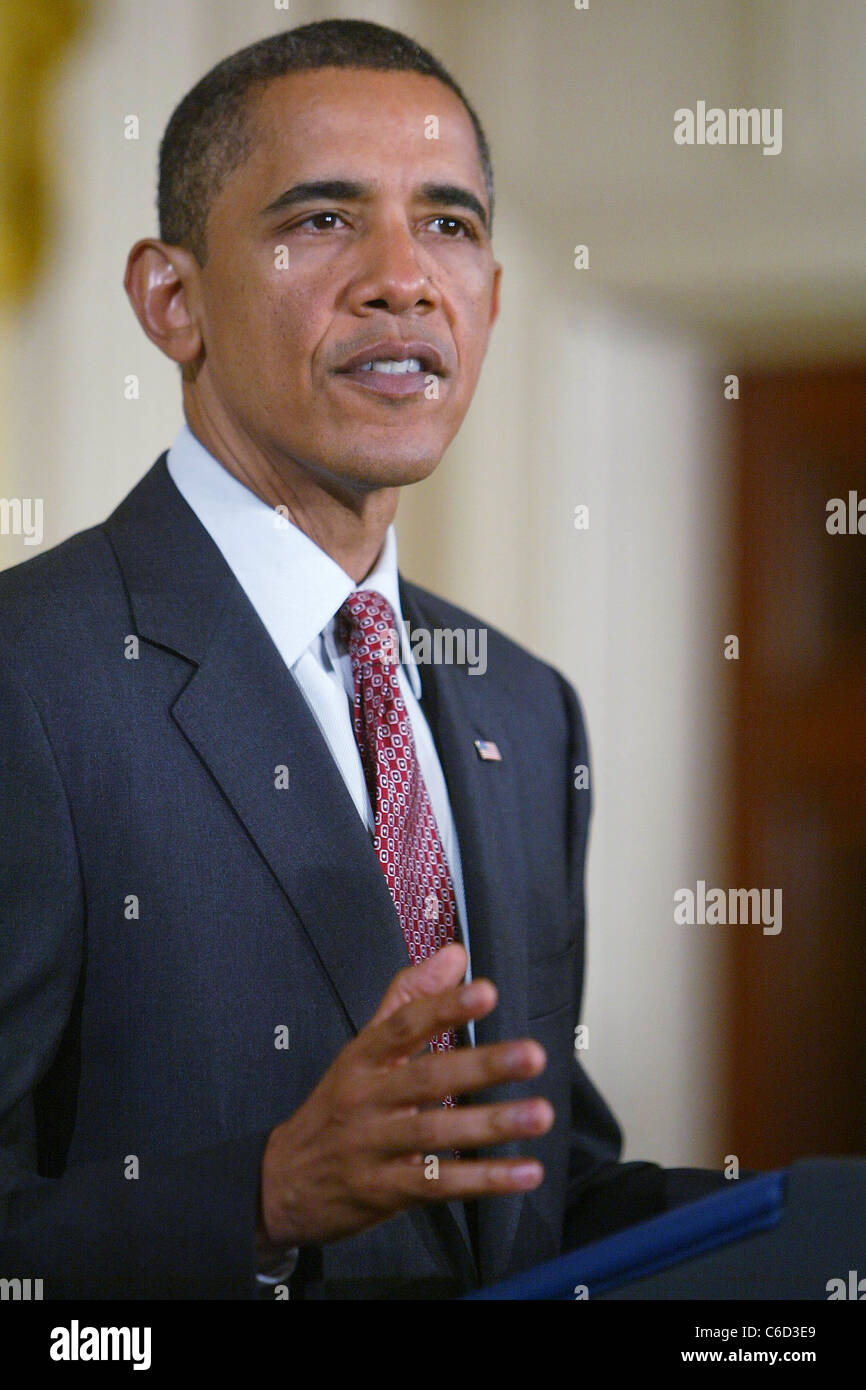 US President Barack Obama speaking in the East Room of the White House ...